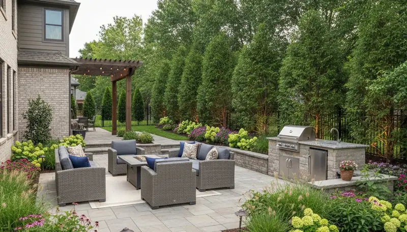 Backyard patio with custom landscaping, lighting, and seating designed by Memphis, TN landscape experts