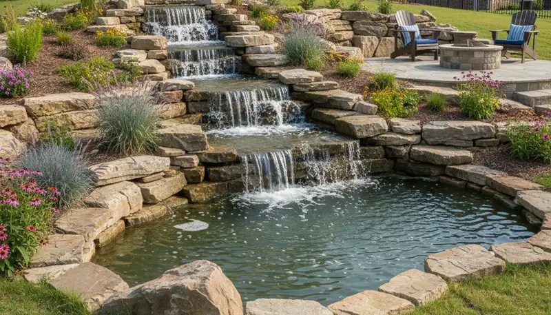 Multi-tier backyard waterfall and rock garden landscaping in West Memphis AR by Memphis TN landscape designers