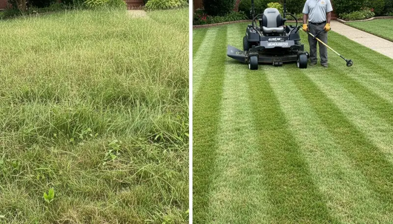 Before and after lawn mowing showing overgrown vs trimmed yard by Chop Chop Landscaping in Memphis, TN