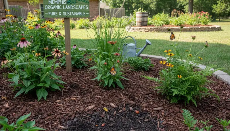 Organic landscape beds with native plants and natural mulch by sustainable landscapers in Memphis, TN