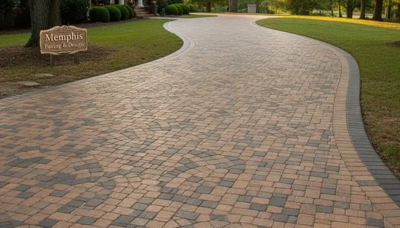 Curved paver driveway design in Memphis, TN showcasing expert landscaping and professional craftsmanship