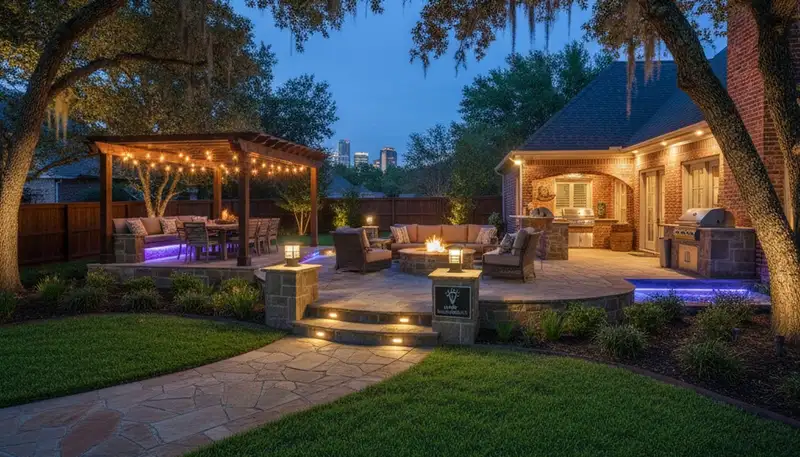 Deck and patio landscape lighting with post and step lights by Chop Chop Landscaping in Memphis, TN