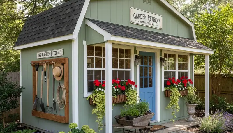 Decorative garden shed with landscaped plantings installed by Chop Chop Landscaping in Memphis, TN