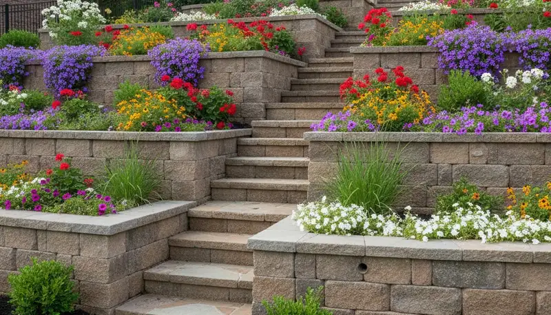 Natural stone retaining wall with native plant landscaping in Olive Branch MS by Memphis TN landscape designers