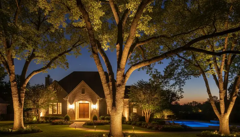 Dramatic tree uplighting showcases professional landscape lighting design in Memphis, TN at night