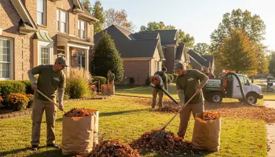 Landscapers performing fall leaf removal and yard cleanup at a residential property in Memphis, TN