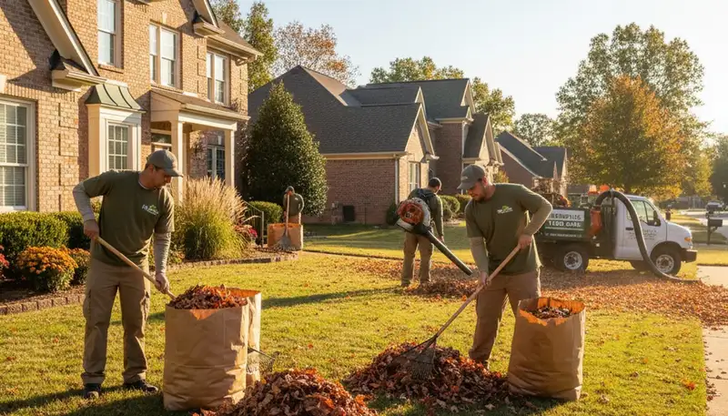 Landscapers performing fall leaf removal and yard cleanup at a residential property in Memphis, TN