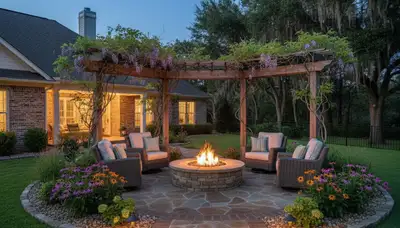 Fire pit patio design with seating and lighting by Memphis landscapers in Horn Lake, MS backyard
