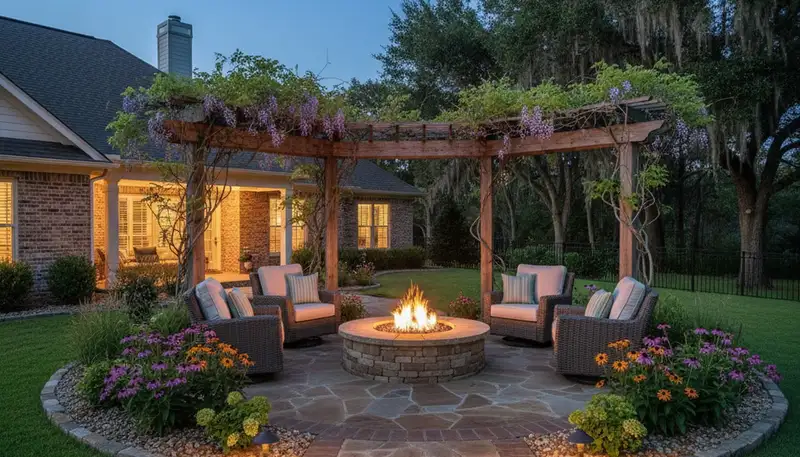 Fire pit patio design with seating and lighting by Memphis landscapers in Horn Lake, MS backyard