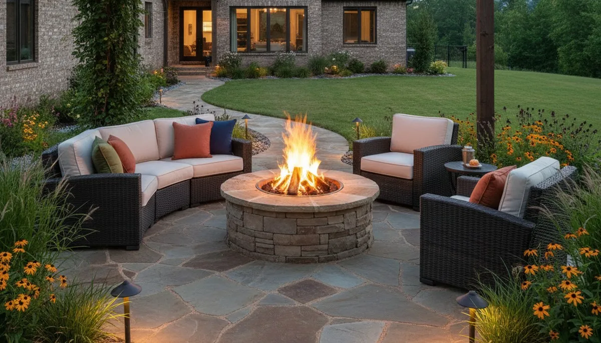 Marion AR fire pit patio with paver seating and lighting by Memphis TN landscaping experts