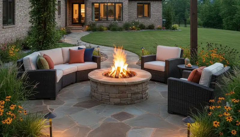 Marion AR fire pit patio with paver seating and lighting by Memphis TN landscaping experts
