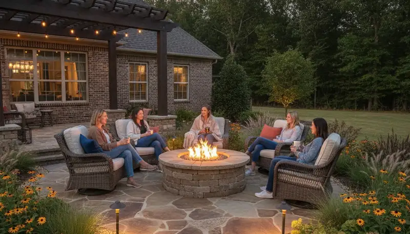 Luxury fire pit patio with seating and lighting by Memphis landscapers in Olive Branch, MS