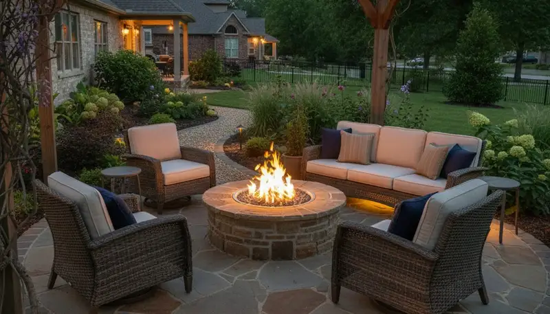 Fire pit patio with circular seating and native landscaping design in Proctor, AR by Memphis TN landscapers