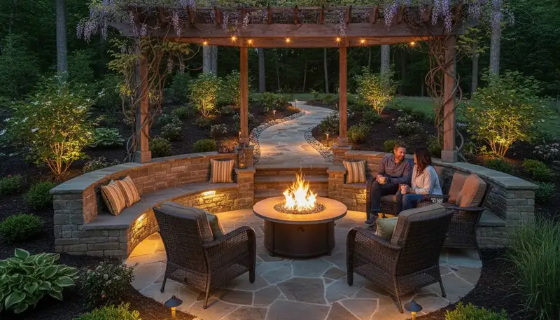 Custom fire pit patio with seating and native plants in Southaven, MS by Memphis TN landscape designers