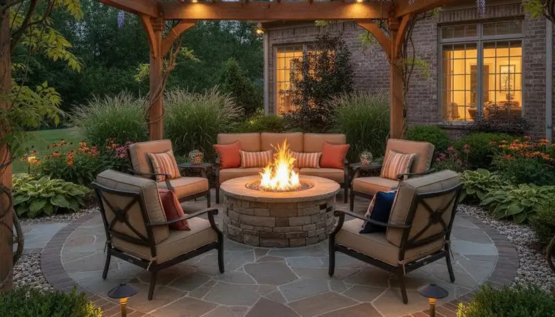 Fire pit patio with paver seating and landscape lighting in Walls, MS by Memphis TN landscaping experts