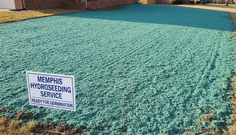 Fresh hydroseed slurry evenly applied on soil by Memphis TN landscaping professionals