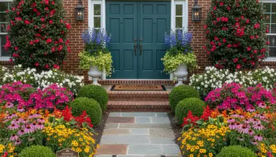 Front yard landscape design with colorful flowers and shrubs enhancing home entrance in Memphis, TN