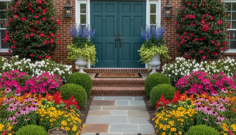 Front yard landscape design with colorful flowers and shrubs enhancing home entrance in Memphis, TN
