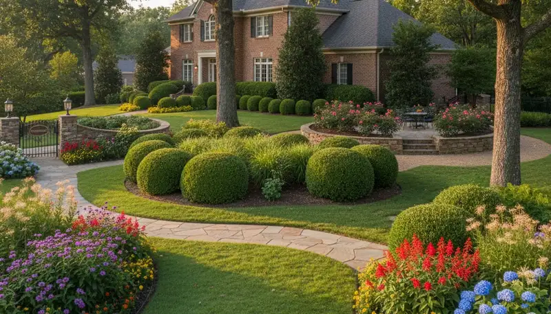 Full property landscape design with layered plantings and hardscape in Memphis, TN by Chop Chop Landscaping