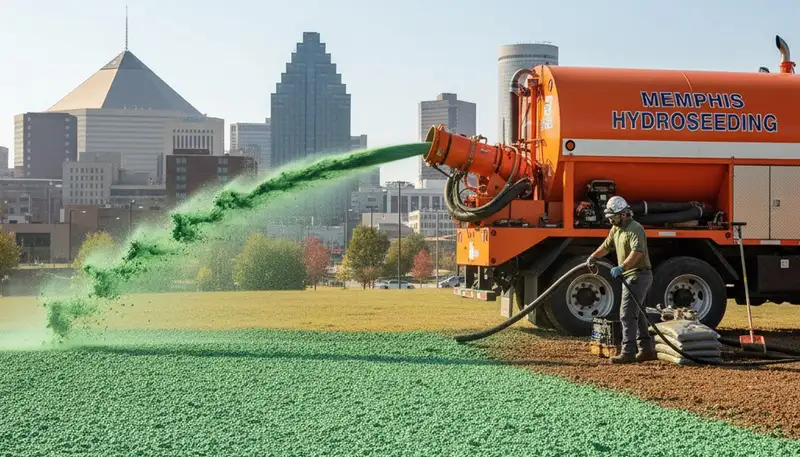 Hydroseeder truck spraying green slurry for lawn installation in Memphis, TN by Chop Chop Landscaping