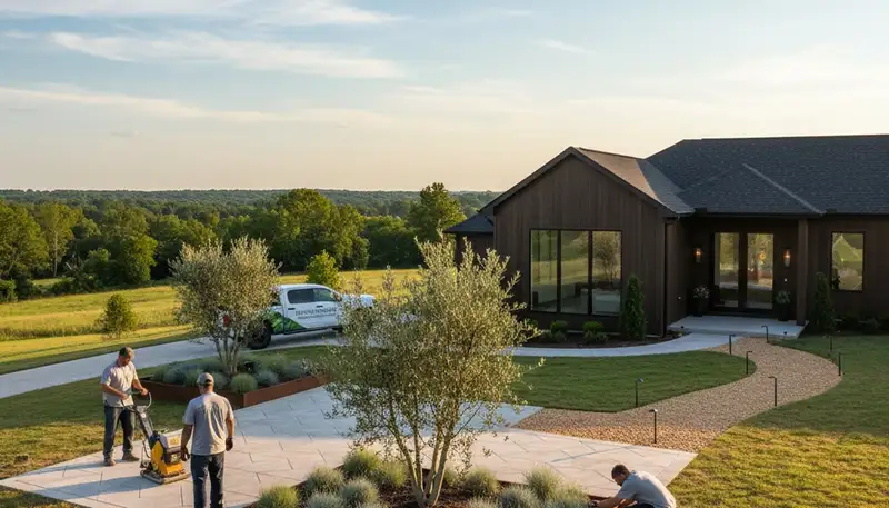 Landscaping team designing a Memphis, TN residential outdoor space with plants and hardscape features