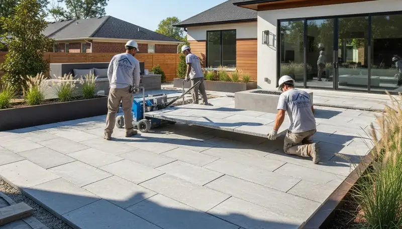 Contemporary large format stone slab patio installation by professional landscapers in Memphis, TN