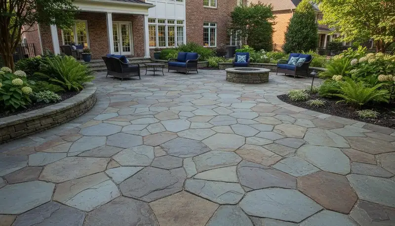 Flagstone patio with natural slate pavers expertly installed by landscaping pros in Memphis, TN