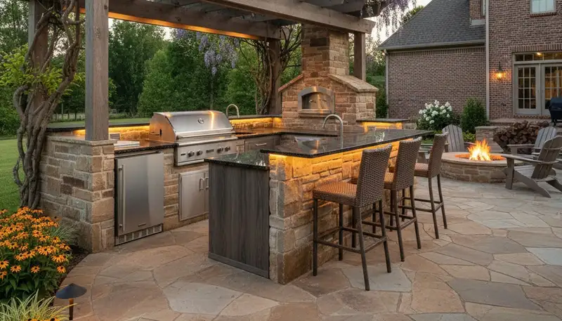 Luxurious outdoor kitchen with pergola and granite bar by landscaping experts in Marion, AR