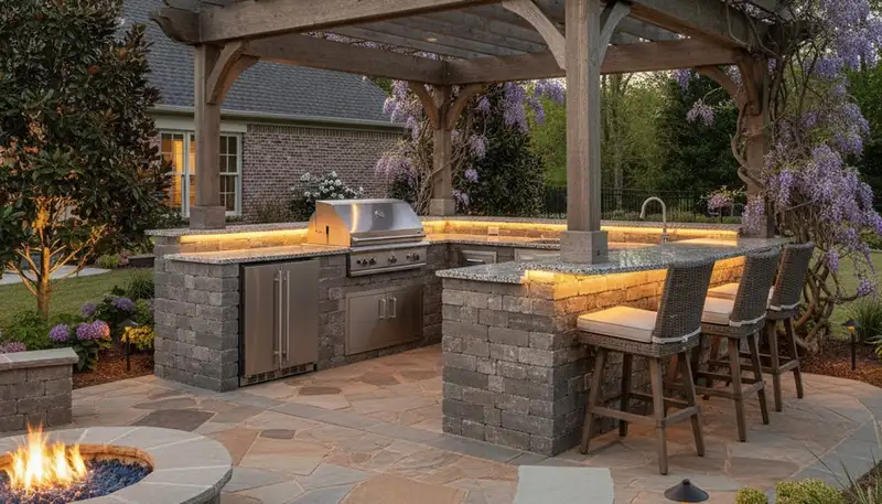 Resort-style outdoor kitchen with pergola and granite countertops by landscapers in Olive Branch, MS