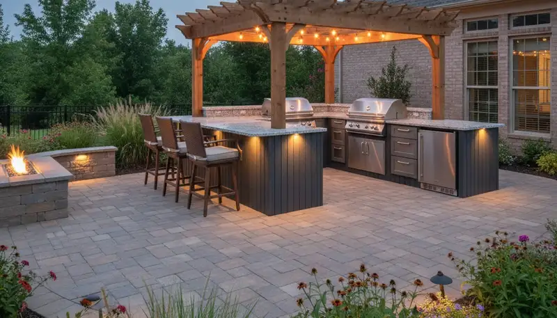 Luxury outdoor kitchen with pergola and landscape lighting in Southaven, MS by Memphis landscape designers