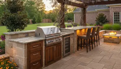 Outdoor kitchen with pergola and granite countertops in Walls, MS by Memphis landscaping experts