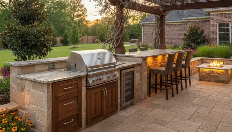 Outdoor kitchen with pergola and granite countertops in Walls, MS by Memphis landscaping experts