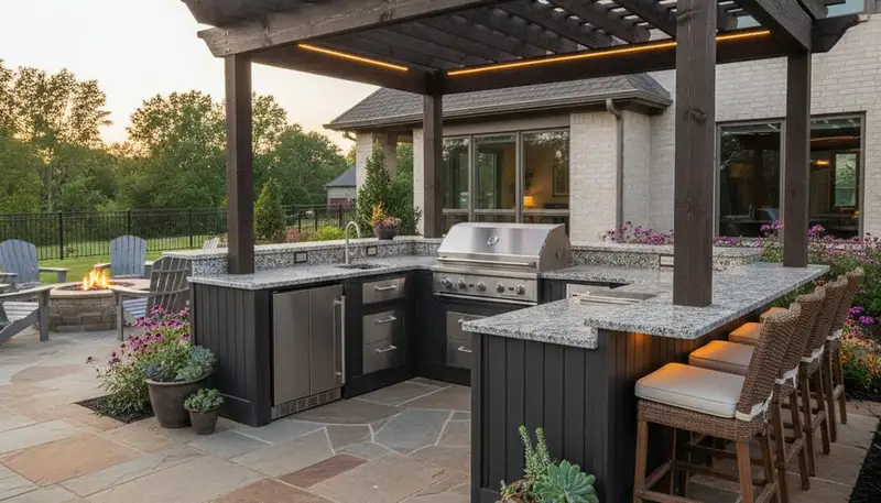 Luxury outdoor kitchen with pergola, granite bar, and lighting by landscape designers in West Memphis, AR