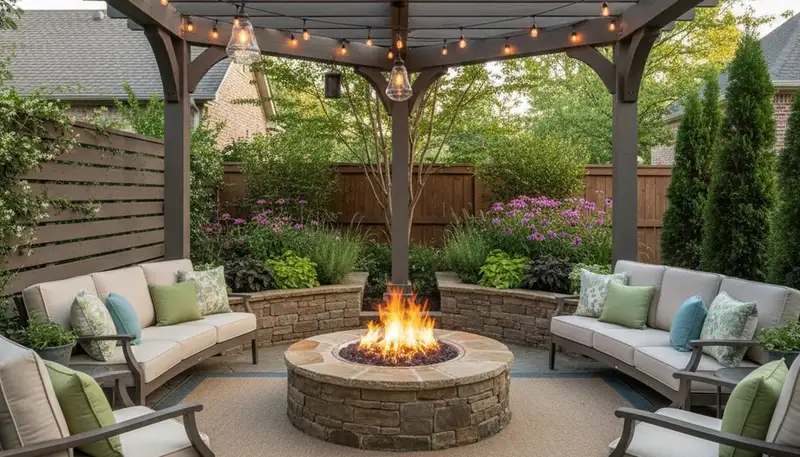 Elegant paver hardscape with pergola and lighting in outdoor living space, Proctor AR landscaping design