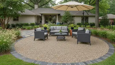 Pea gravel patio with edging and furniture by Chop Chop Landscaping in Memphis, TN