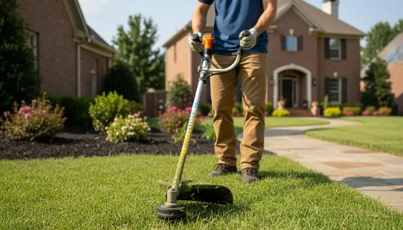 Technician edging lawn borders with string trimmer during lawn maintenance in Memphis, TN