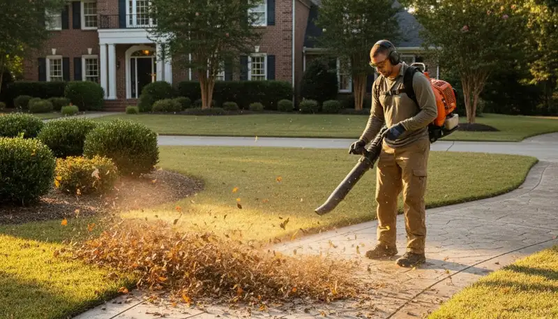 Professional using leaf blower for lawn debris cleanup in Memphis, TN yard maintenance