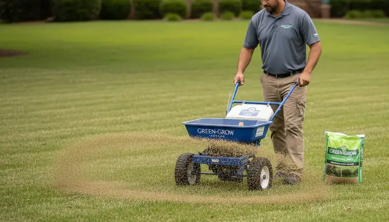 Lawn care technician spreading fertilizer evenly on residential yard in Memphis, TN