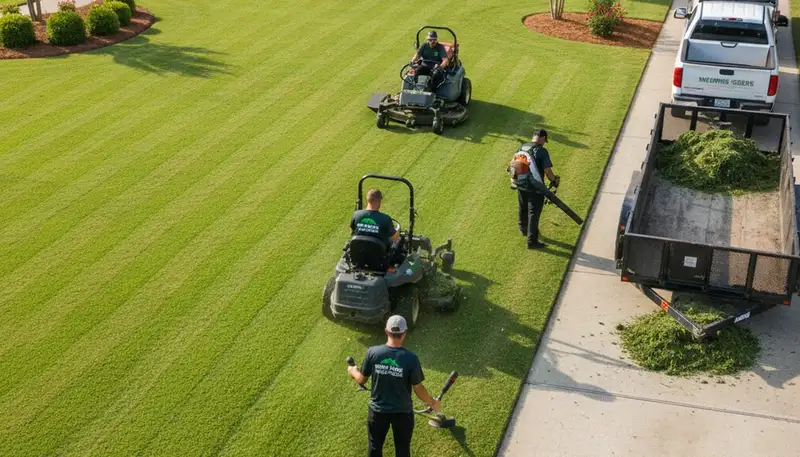 Professional lawn mowing and edging crew performing full lawn maintenance in Memphis, TN