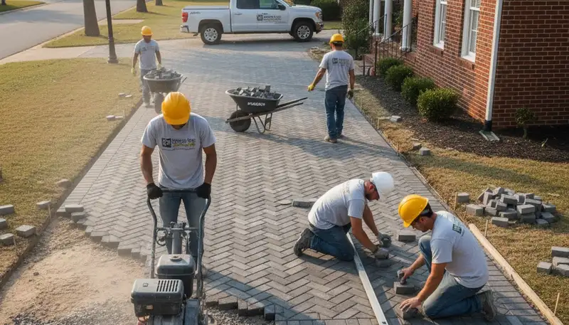 Professional crew installing driveway pavers in Memphis, TN for Chop Chop Landscaping