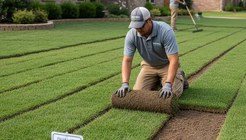 Professional landscaper installing sod rolls with precision in Memphis, TN lawn restoration project