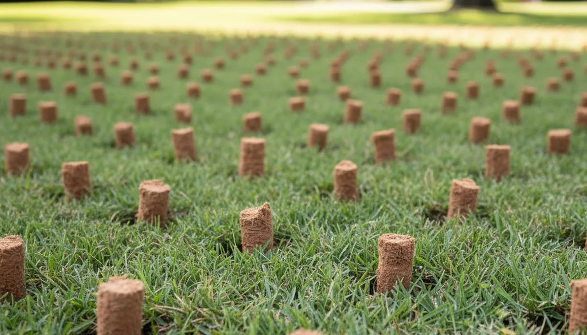 Soil core plugs after lawn aeration on Memphis TN lawn by Chop Chop Landscaping