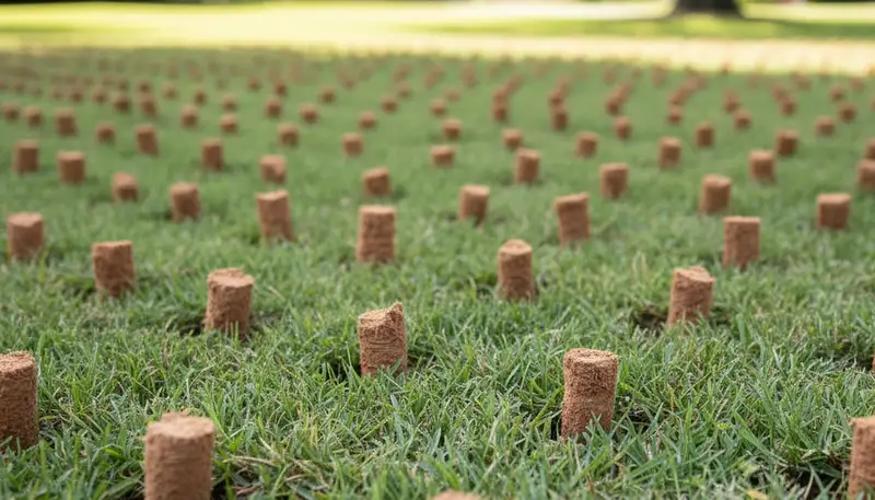 Soil core plugs after lawn aeration on Memphis TN lawn by Chop Chop Landscaping