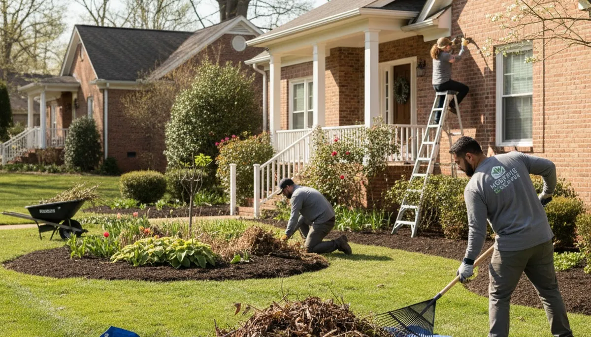 Spring yard clean up and pruning by professional landscapers in Memphis, TN preparing property for growth