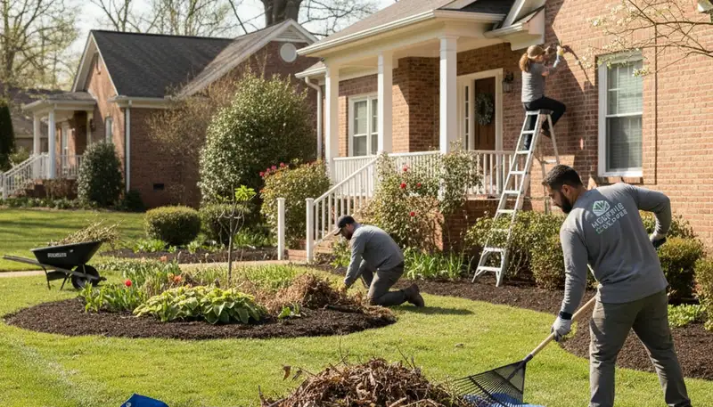 Spring yard clean up and pruning by professional landscapers in Memphis, TN preparing property for growth