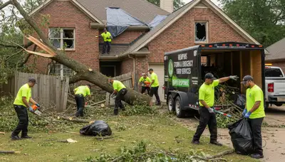 Memphis TN landscapers clearing storm debris and fallen branches during professional yard cleanup service