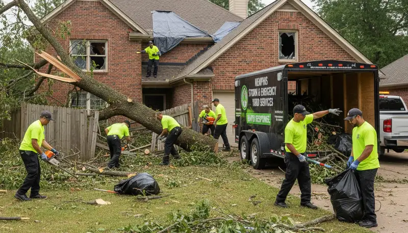 Memphis TN landscapers clearing storm debris and fallen branches during professional yard cleanup service