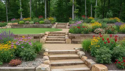 Terraced garden with timber steps and native plants by Memphis landscaper in Horn Lake, MS