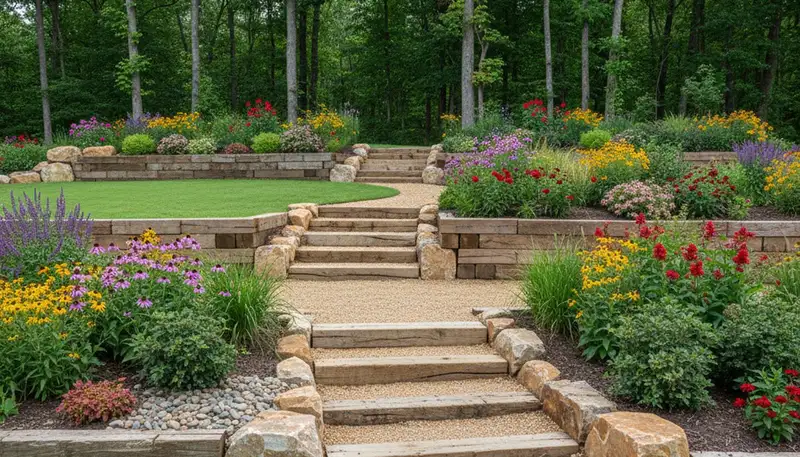 Terraced garden with timber steps and native plants by Memphis landscaper in Horn Lake, MS