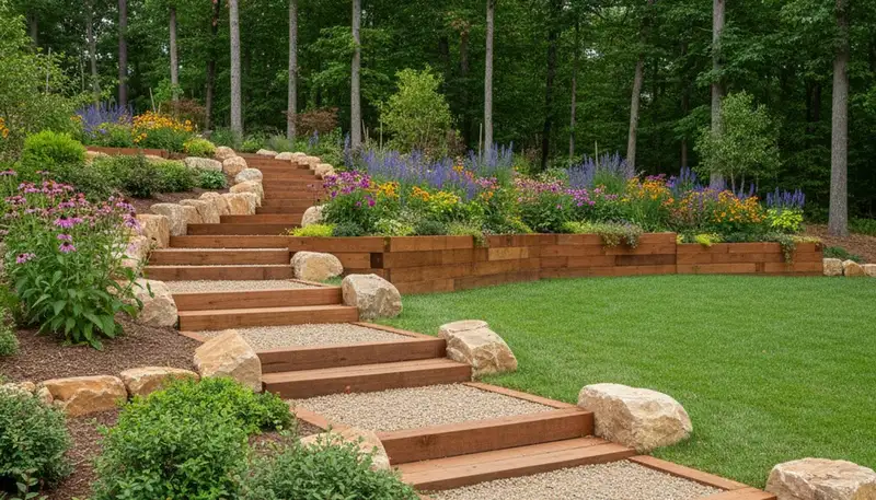 Terraced garden with timber steps and native plants by Memphis landscapers in Marion, AR